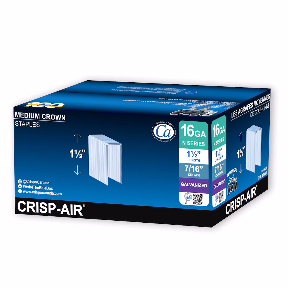 010038 1 1/2" x 7/16" medium
Crown
Staples x 10,000 16 gauge - Ritchie's Building & Flooring Centre